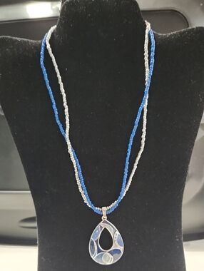 Blue & Silver Beaded Necklace with Teardrop Pendant 17" - 20"